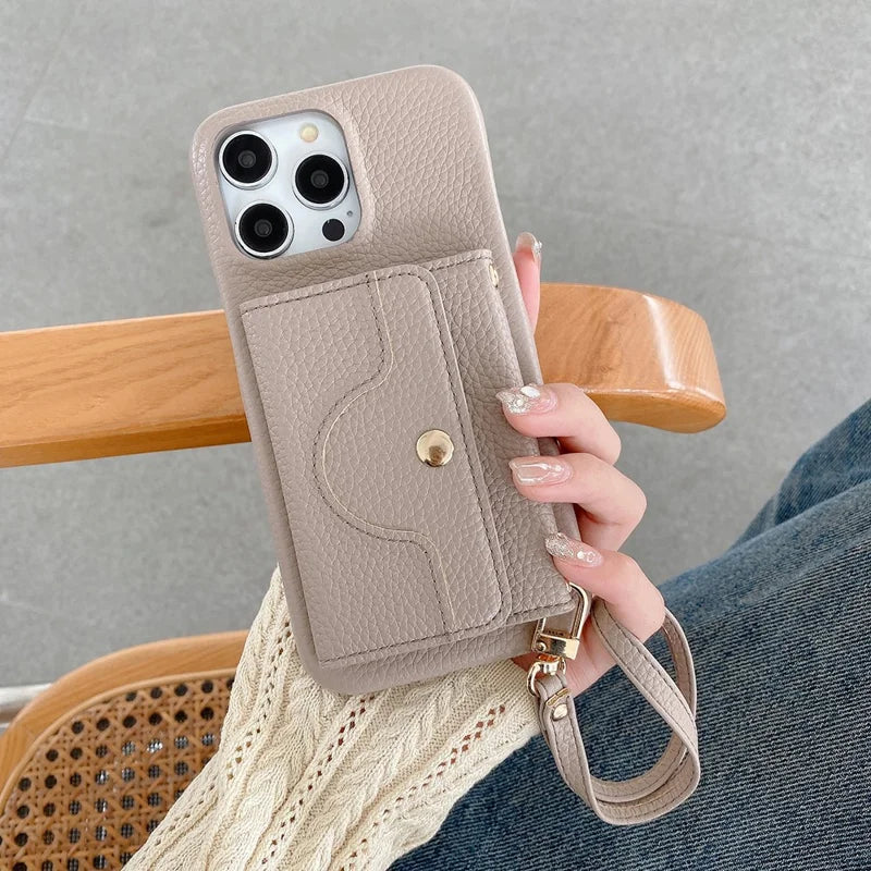 Luxury Leather Card Slot Case With Lanyard