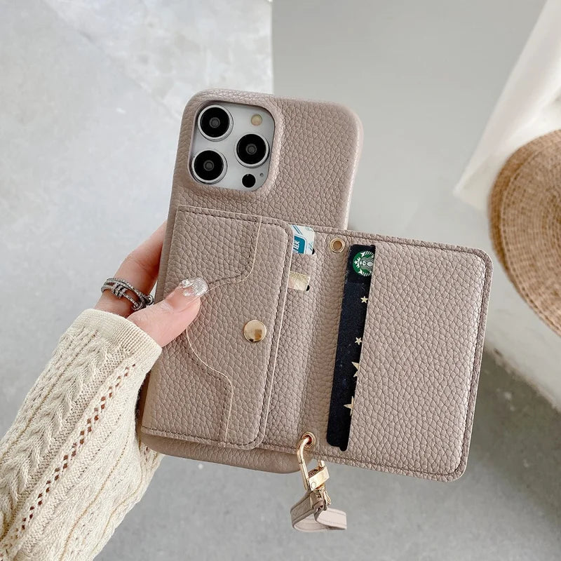 Luxury Leather Card Slot Case With Lanyard
