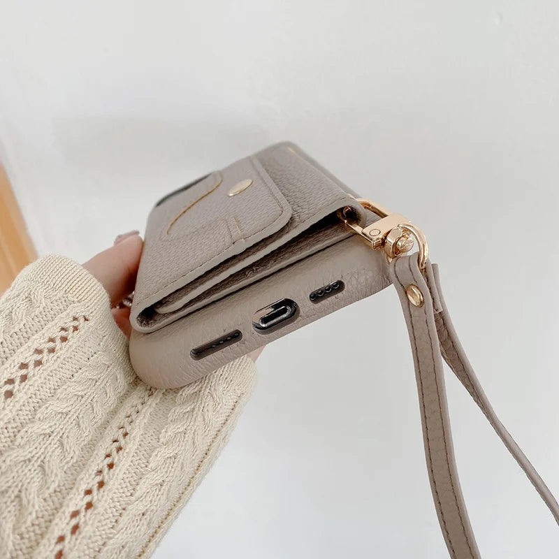 Luxury Leather Card Slot Case With Lanyard